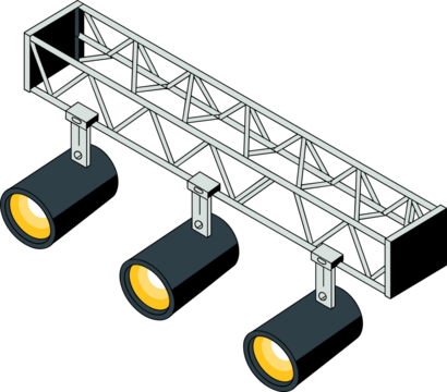 Stage lighting rig with spotlights creating dynamic illumination for events or performances
