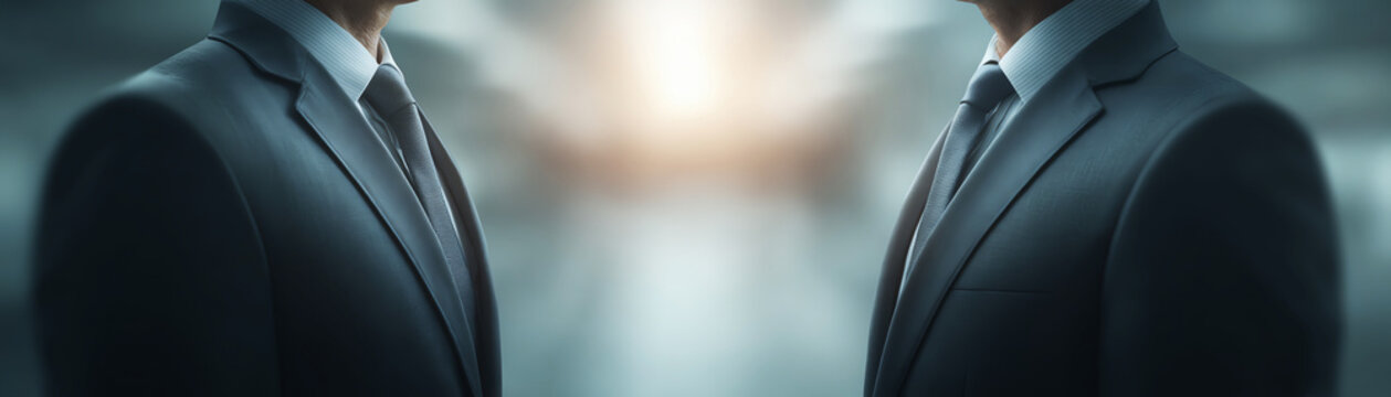 Professional businessman in suit at serious face to face meeting. corporate partnership or negotiation in modern office corridor