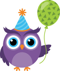 Cute owl wearing a party hat and holding a balloon for birthday celebration design