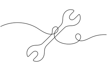 Wrench icon continuous one line drawing on white background minimalist hand tool outline vector illustration