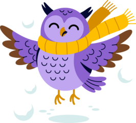 Adorable owl wearing a scarf joyfully plays in the snow, spreading winter cheer