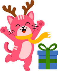 Delightful festive cat reindeer celebrating Christmas with a wrapped present joyfully