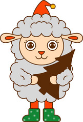 Festive cartoon sheep celebrating Christmas with a tree in whimsical boots, so adorable!