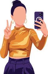 Faceless woman capturing a selfie with peace sign on phone. Suitable for social media marketing, technology blogs, mobile apps.