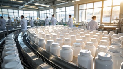 Fototapeta premium Pharmaceutical production line with white bottles on a conveyor belt