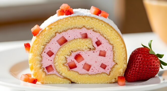 Delicious strawberry swiss roll cake dessert recipe with fresh fruit garnish treat