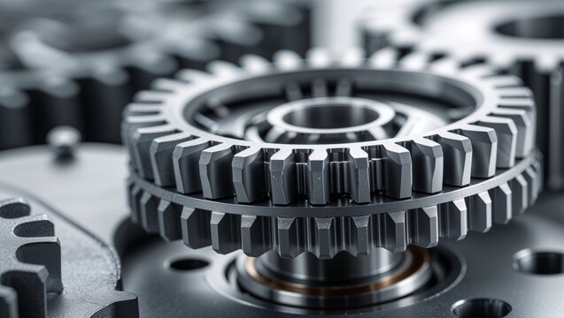 Close-up of interlocking gears in a mechanical system, industrial background