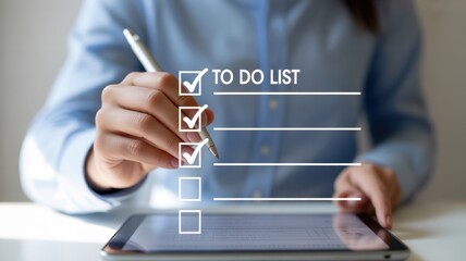 Organizing the Task List: A person meticulously checks off tasks on a digital to-do list, emphasizing organization and efficiency in a modern work setting.