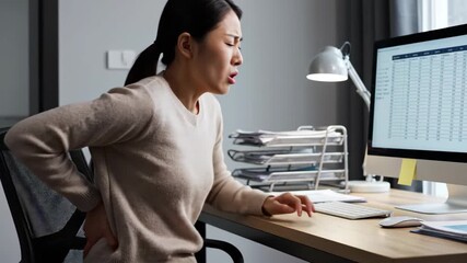 Young Asian woman experiencing back pain while working late at her office desk, highlighting discomfort from prolonged sitting and poor posture.