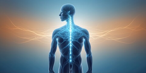 Digitally created image of a human figure in a neutral standing pose. The figure has a translucent  