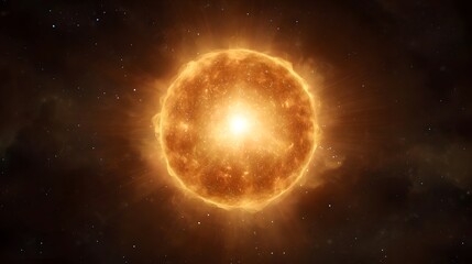 Obraz premium A brilliant star resembling the sun glows intensely in the vast expanse of deep space surrounded by nebulae and distant stars