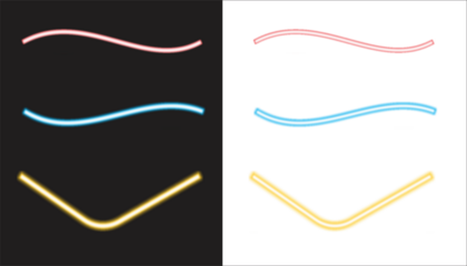 Neon light dynamic curved lines graphic set, futuristic glowing vibrant elements on black and white backgrounds for modern retro 80s or game stream design vector template banner.