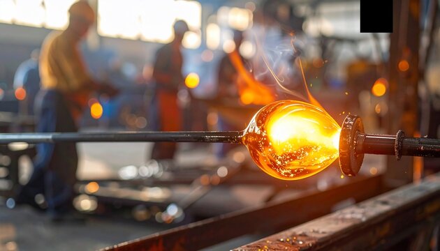 Glassblower Shaping Molten Glass with Artisans at Work in Glassblowing Workshop.