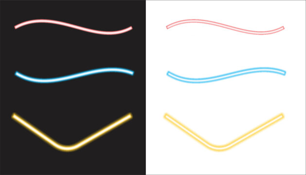Neon light dynamic curved lines graphic set, futuristic glowing vibrant elements on black and white backgrounds for modern retro 80s or game stream design vector template banner.