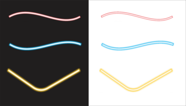 Neon light dynamic curved lines graphic set, futuristic glowing vibrant elements on black and white backgrounds for modern retro 80s or game stream design vector template banner.