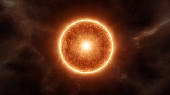 A brilliant glowing celestial body radiating intense light and heat amidst swirling cosmic dust and gas