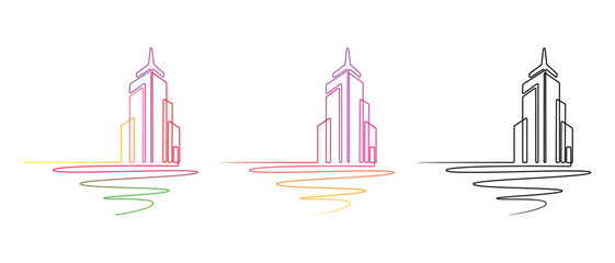 Modern Cityscape Skyline Continuous Line Drawing with Vibrant Colors and Minimalist Style Urban Architectural Design