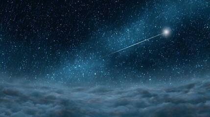 A shooting star streaks across a vast star filled night sky above a layer of soft clouds creating a sense of wonder and tranquility