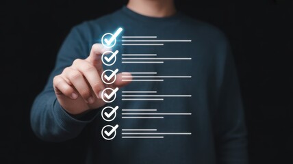 Checklist of Success: A close-up shot of a person's hand, gracefully marking each item on a digital checklist with a digital pen. The image showcases focus, accuracy and the completion of objectives.