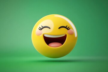 A vibrant yellow emoji with a wide smile and closed eyes, set against a green background.