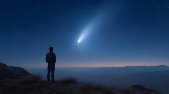 A solitary person gazes at a bright comet streaking across the vast star filled night sky above a scenic mountain landscape