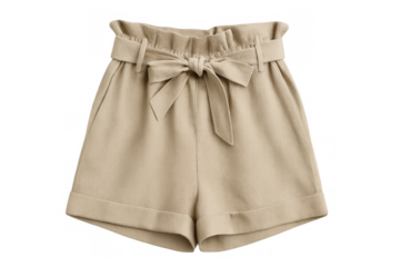Beige women's paperbag waist shorts with tied bow, casual fashion clothing for female summer style, transparent background