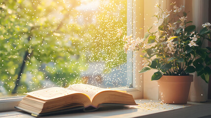 Sunlit Open Book with Floating Petals and Plant by the Window. An open book with floating petals and soft sunlight from the window.