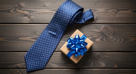 Fathers Day Gift Polka Dot Tie  Wrapped Present on Rustic Wood.
