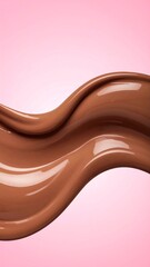 A close-up shot of a smooth, glossy, liquid stream in a rich chocolate hue, set against a soft, pink gradient background. The flowing texture suggests movement