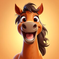 A cartoonish horse with a brown coat, dark mane and tail, and a large smile, set against a warm yellow gradient background