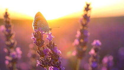 A butterfly perches on lavender blossoms, bathed in the warm glow of a setting sun. Soft focus and vibrant colors create a peaceful scene