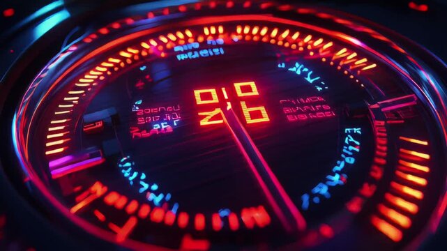 Futuristic Glowing Speedometer Displaying Digital Information and Vibrant Neon Lights. - Powered by Adobe