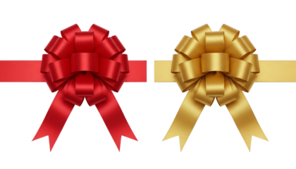 Set of red and golden gift ribbons with a bow tie isolated on white background. PNG file