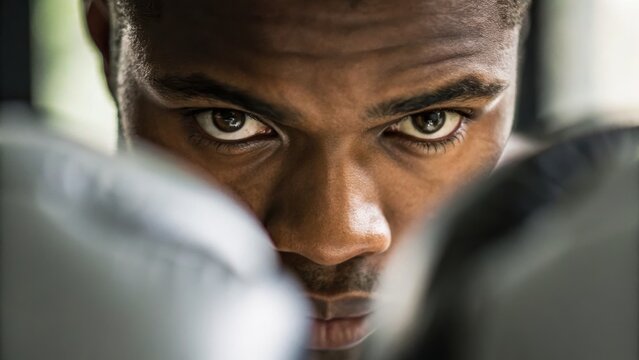 Intense focus of a boxer training, showcasing determination and strength in a dynamic setting.
