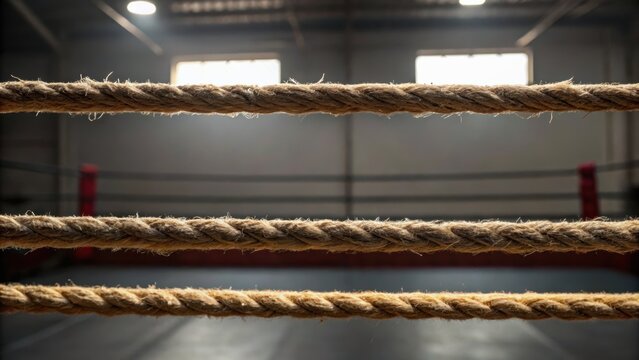 Boxing ring ropes in an empty gym with soft lighting, creating an atmosphere of anticipation and focus.