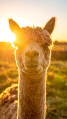 Obraz premium A close-up portrait of an alpaca with fluffy fur, illuminated by a warm, golden sunset. The animal gazes directly at the viewer