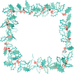 水彩画。水彩タッチのベクターイラスト。クリスマスの水彩フレーム。ヒイラギの葉っぱのクリスマス背景。Watercolor painting. Watercolor vector illustration. Christmas watercolor frame. Christmas background with holly leaves.