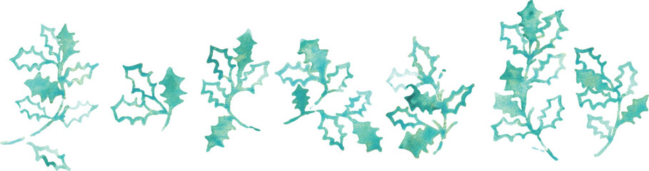 水彩画。水彩タッチのベクターイラスト。クリスマスの水彩フレーム。ヒイラギの葉っぱのクリスマス背景。Watercolor painting. Watercolor vector illustration. Christmas watercolor frame. Christmas background with holly leaves.