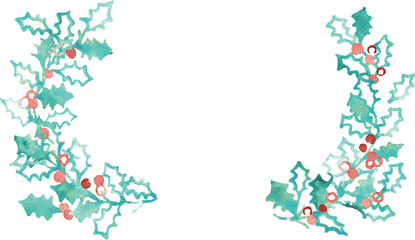 水彩画。水彩タッチのベクターイラスト。クリスマスの水彩フレーム。ヒイラギの葉っぱのクリスマス背景。Watercolor painting. Watercolor vector illustration. Christmas watercolor frame. Christmas background with holly leaves.