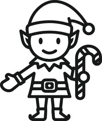 Cute christmas elf character holding a candy cane line art cartoon drawing