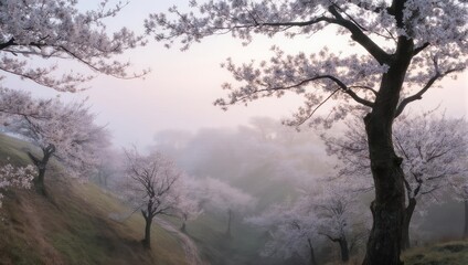 Misty Cherry Blossom Trees on a Hillside Landscape.