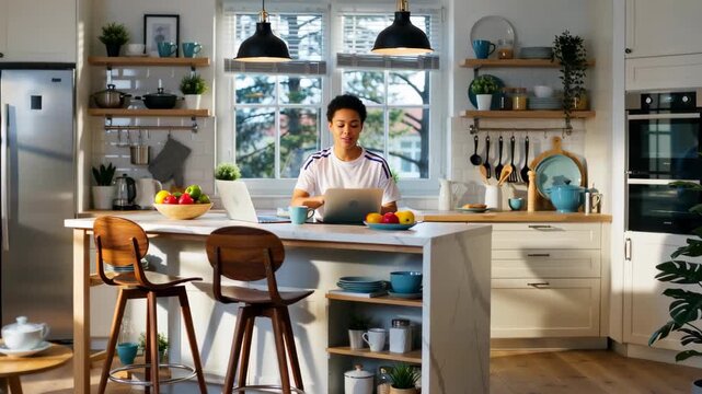 A woman sitting at a bright kitchen island with a laptop and fresh fruit, surrounded by organized kitchenware and sunlight streaming through the windows