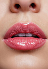 Naklejka premium Extreme close-up of woman's full pink lips with shiny gloss and perfect white teeth