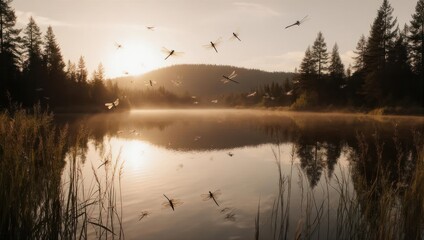 Fototapeta premium Mosquitoes Swarm Over Misty Lake at Sunrise in Forest.