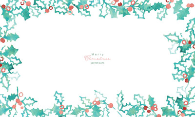 水彩画。水彩タッチのベクターイラスト。クリスマスの水彩フレーム。ヒイラギの葉っぱのクリスマス背景。Watercolor painting. Watercolor vector illustration. Christmas watercolor frame. Christmas background with holly leaves.