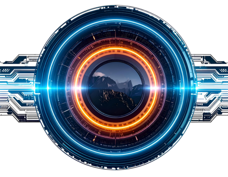 Hyper-realistic futuristic neon energy ring enhanced with holographic digital interfaces and illuminated cyber circuitry, isolated on a transparent background, PNG