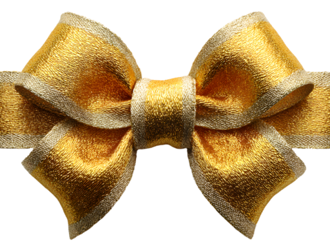 Shiny golden gift bow with textured ribbon loops on a white background. PNG transparent.