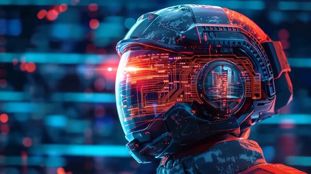 Futuristic Digital Soldier with High-Tech Helmet Display Illuminated by Dynamic Light Patterns