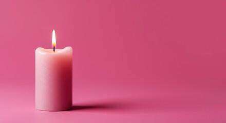 A single, elegant candle glows softly against a vibrant pink studio background, creating a serene and gentle aesthetic. Warm light illuminates the wax ,gentle ,pink ,romantic