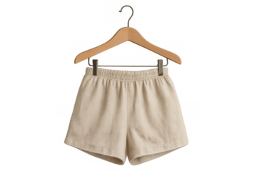 Beige cotton shorts on wooden hanger, displaying casual summer fashion apparel for clothing design
